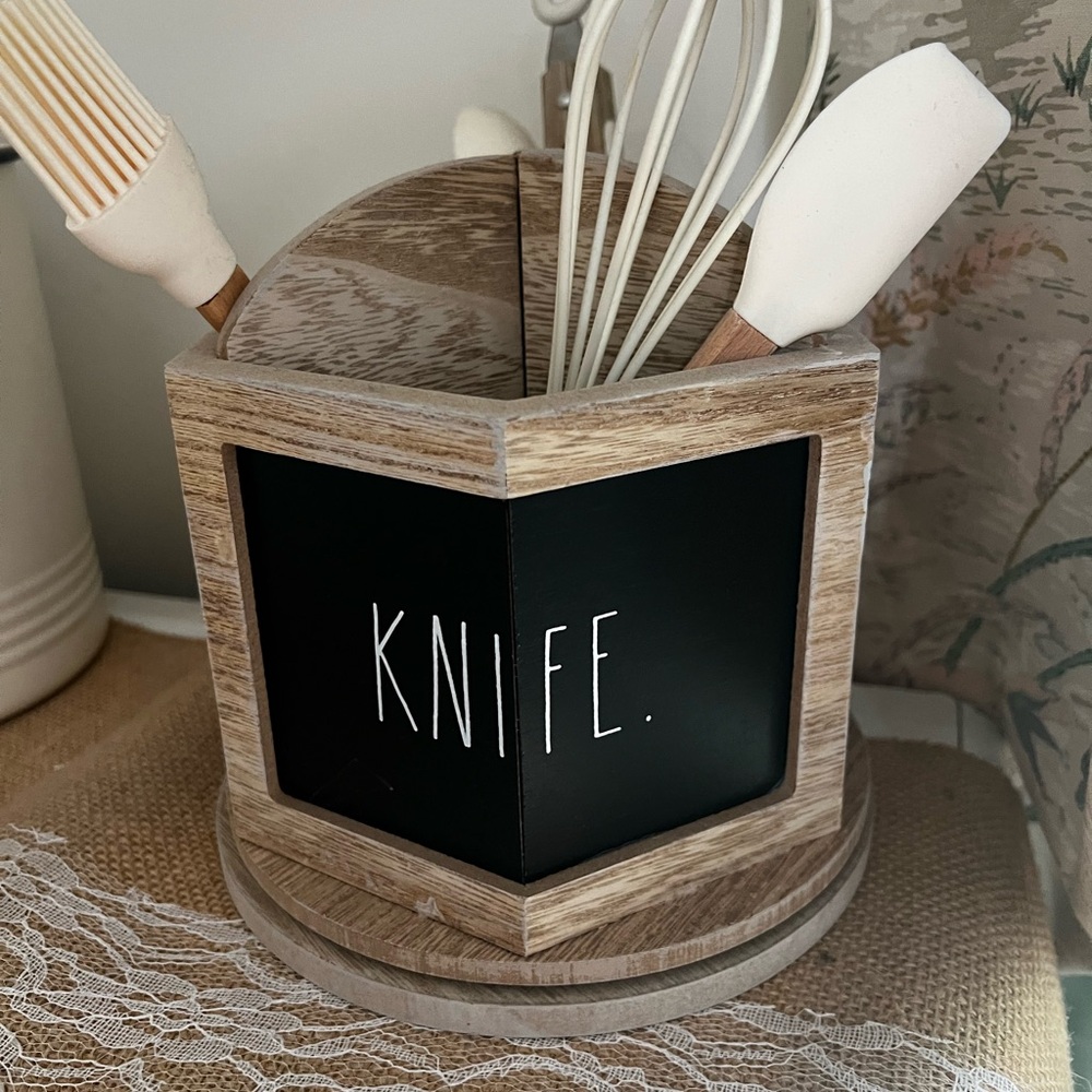Rae Dunn Wooden Utensil Holder with Black Label